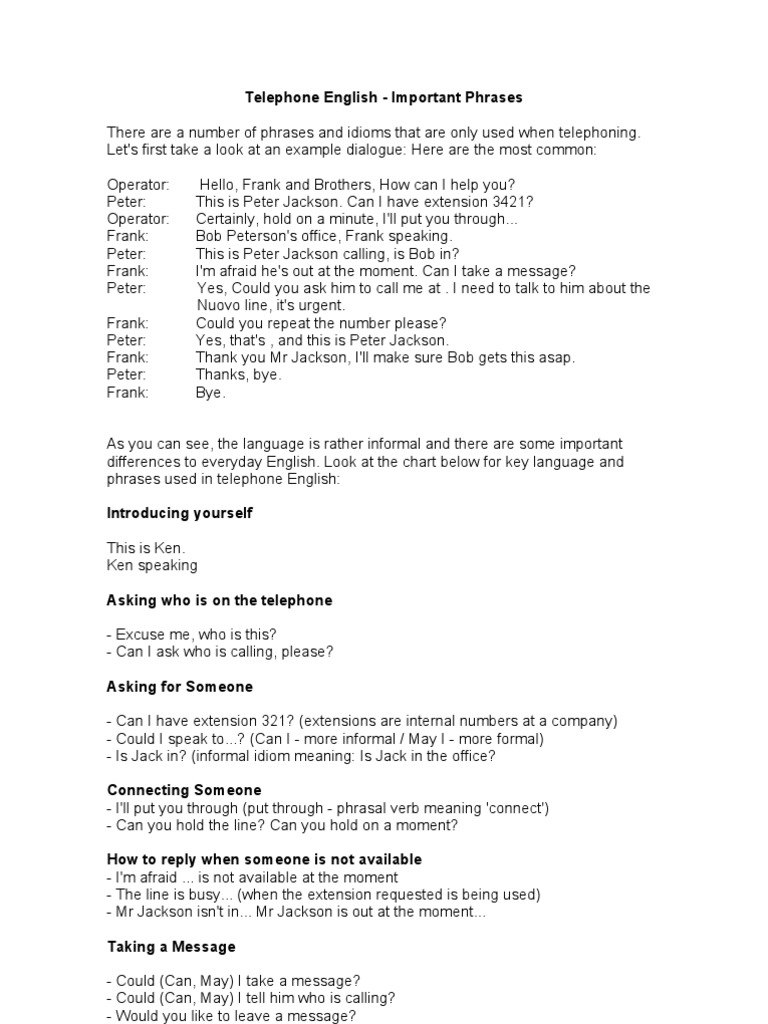 Telephone Conversation Examples and Phrases | PDF