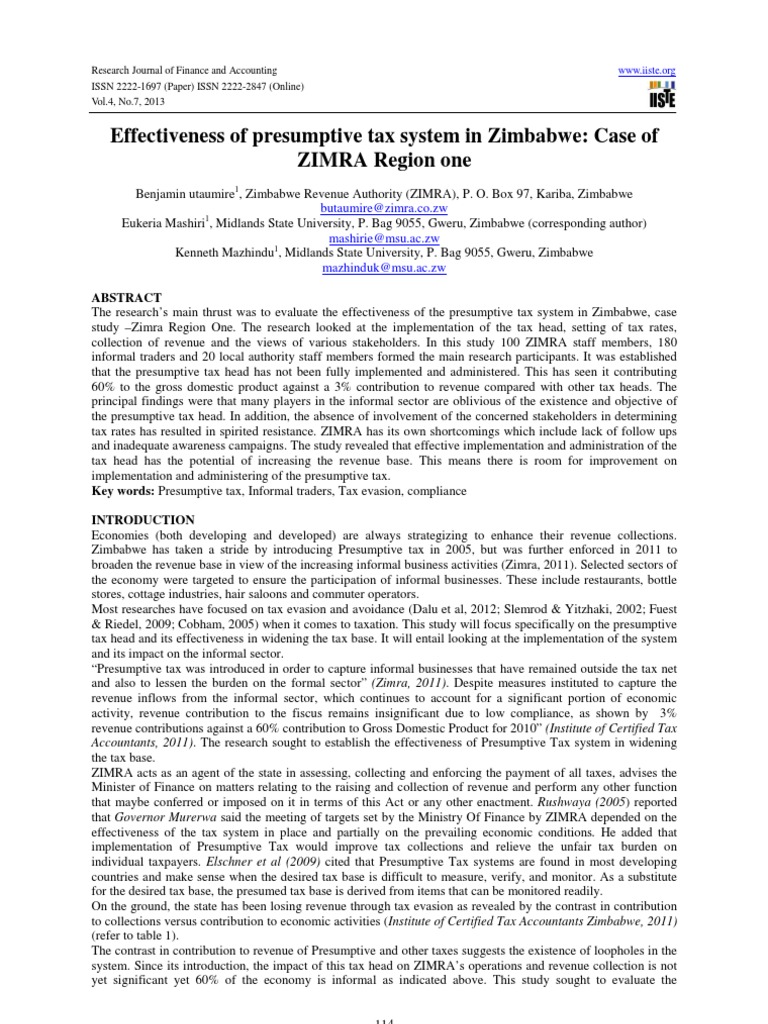 Effectiveness of Presumptive Tax System in Zimbabwe. Case of ZIMRA
