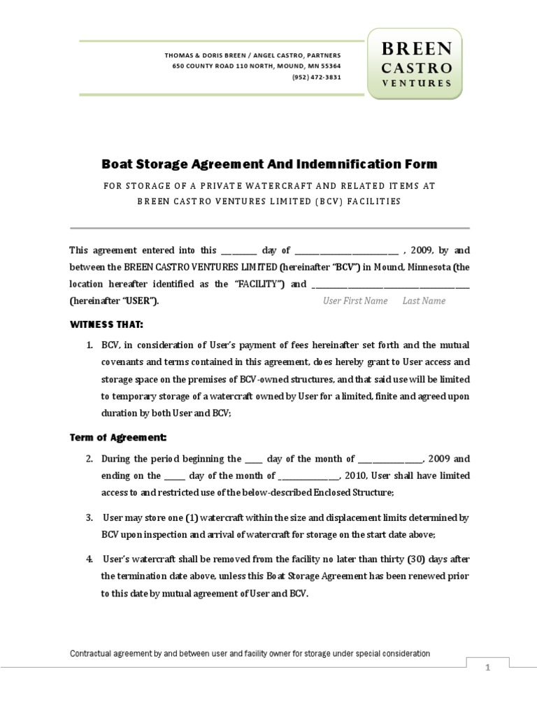 Boat Storage Agreement_Breen2009 | Indemnity | Law And