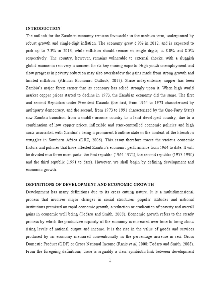 Economic Development/growth of Zambia Since Indeendence | PDF ...