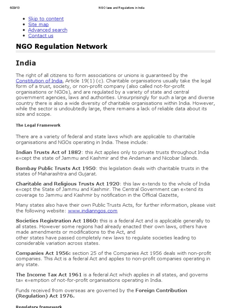 NGO Laws and Regulations in India Nonprofit Organization Charitable