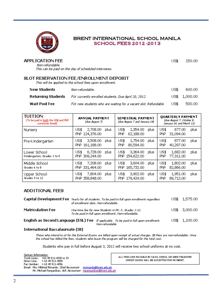 Brent International School Manila | PDF | Fee | Tuition Payments