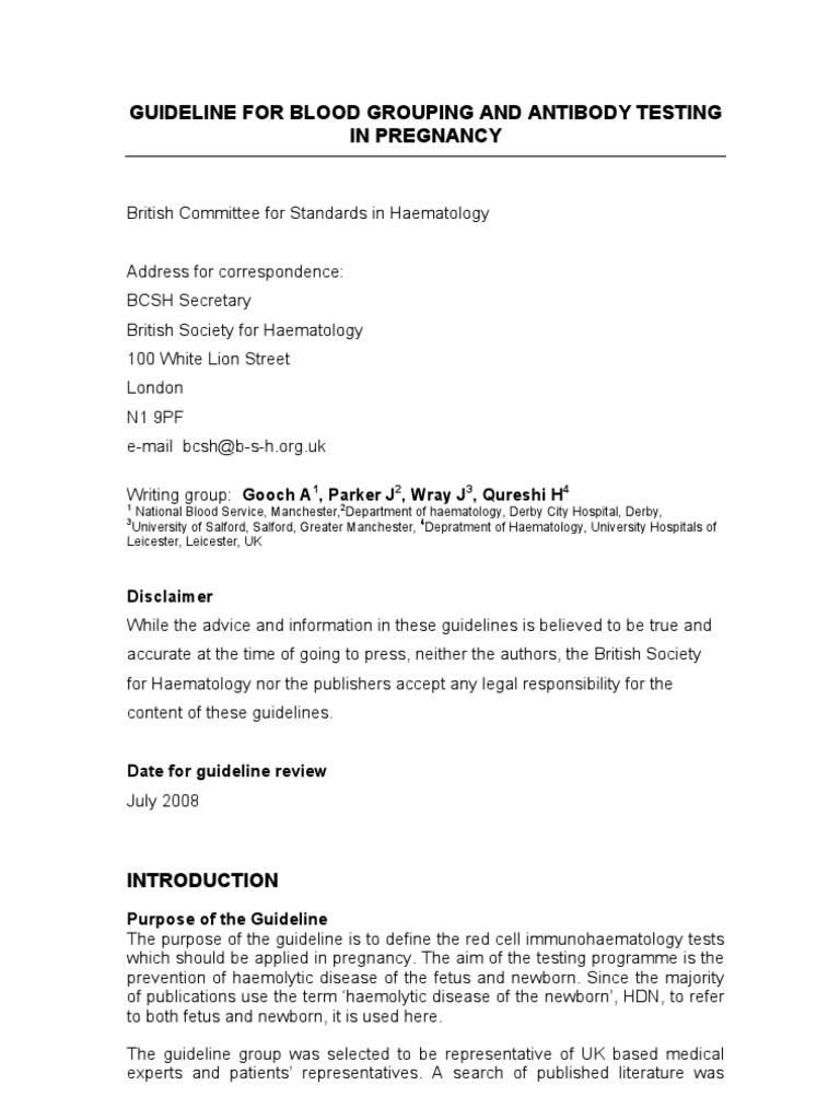 Antibody Testing Pregnancy Bcsh 07062006 Blood Type Antibody