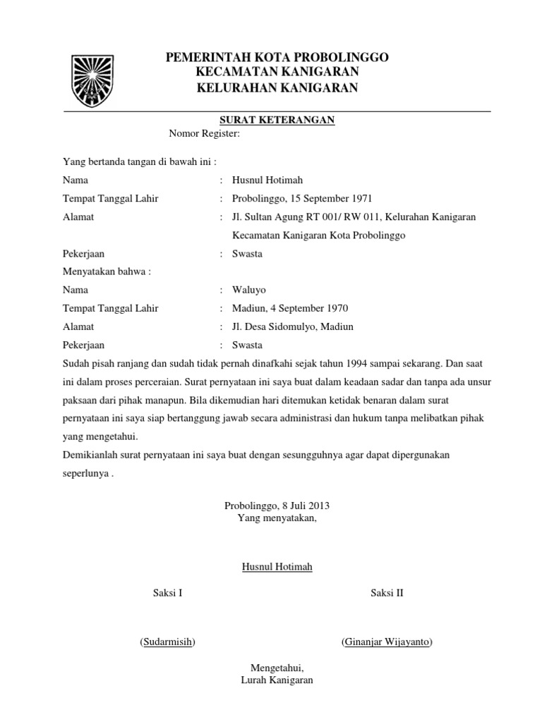 Surat Pernyataan Cerai Pdf