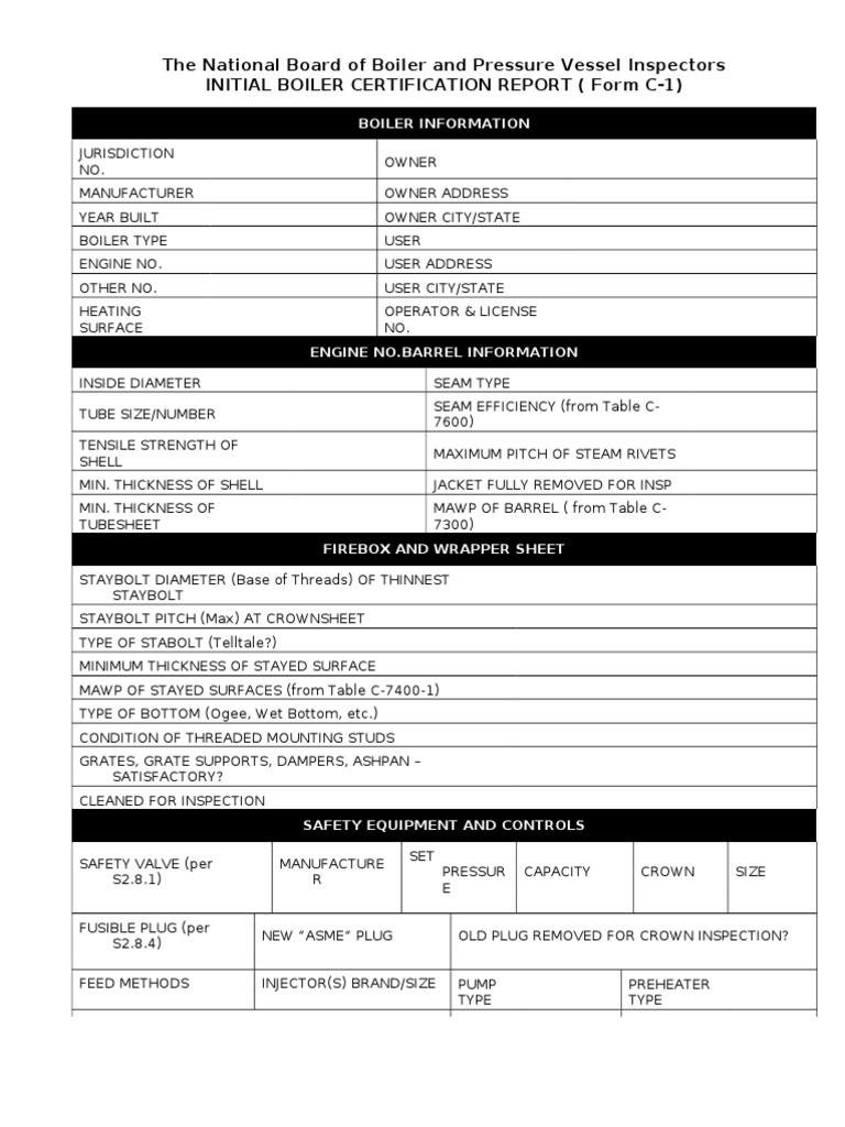 Initial Boiler Certification Report Form C-1 | PDF | Boiler | Pipe ...