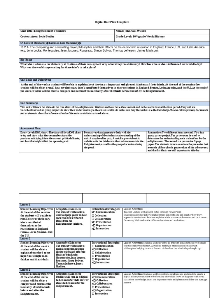Enlightenment Thinkers Unit Plan | PDF | Age Of Enlightenment ...