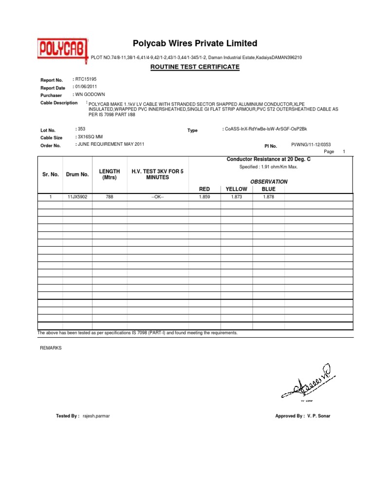 Polycab Wires Private Limited: Routine Test Certificate | PDF