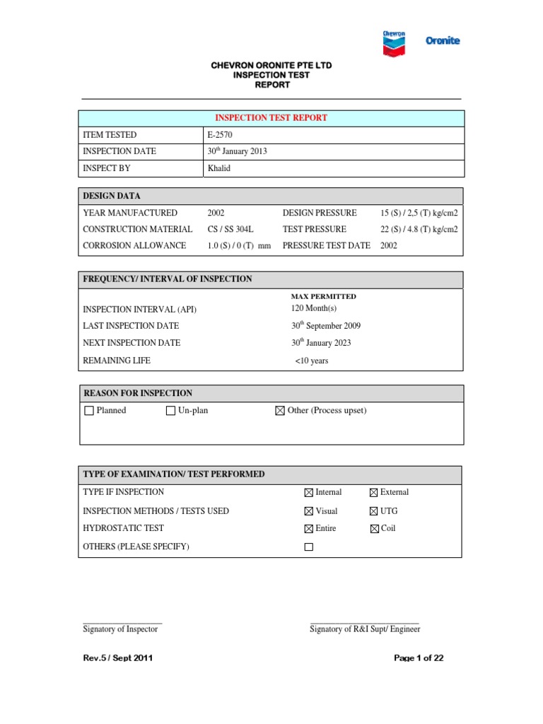 Sample Inspection Report of Exchanger  PDF  Refractory  Pipe With Regard To Hydrostatic Pressure Test Report Template