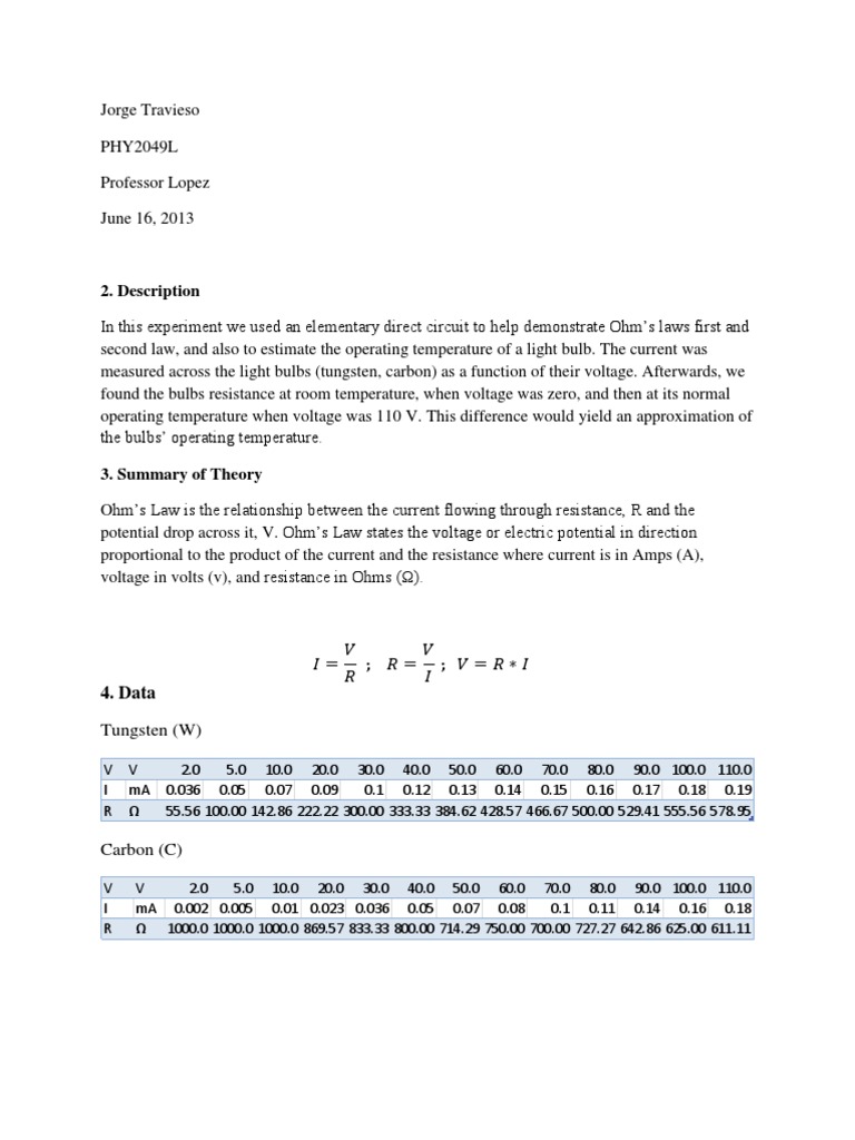 Ohm's Law and Resitance Lab PDF Incandescent Light Bulb Electrical Resistance And Conductance