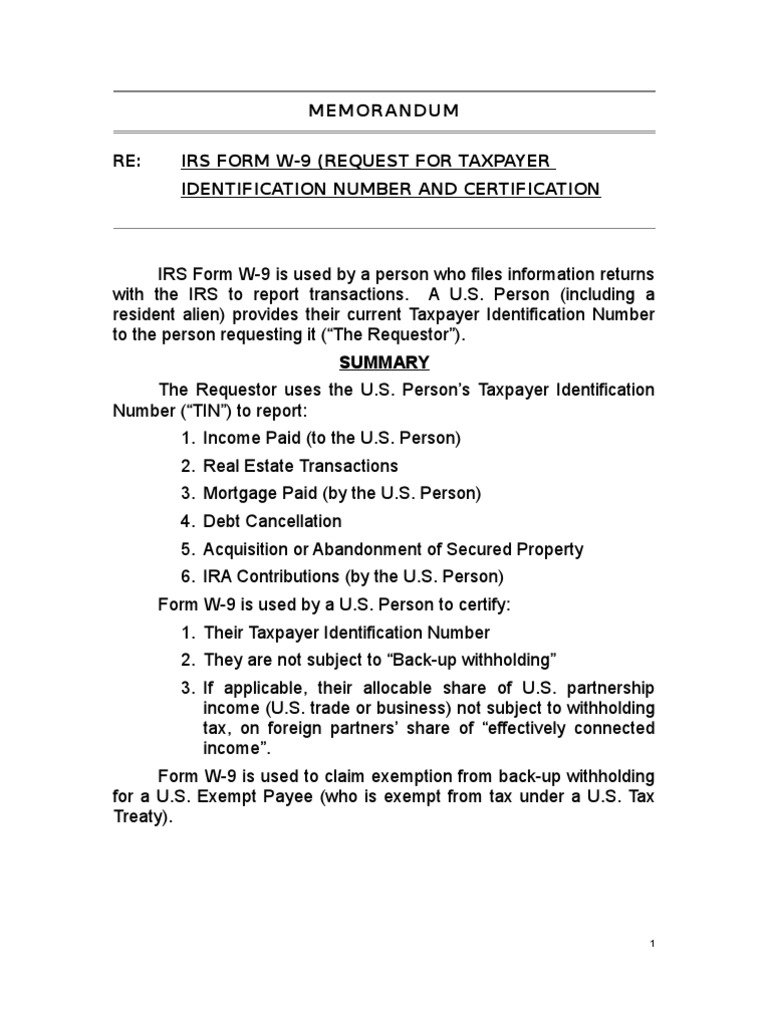 IRS Form W9 PDF Withholding Tax Taxpayer