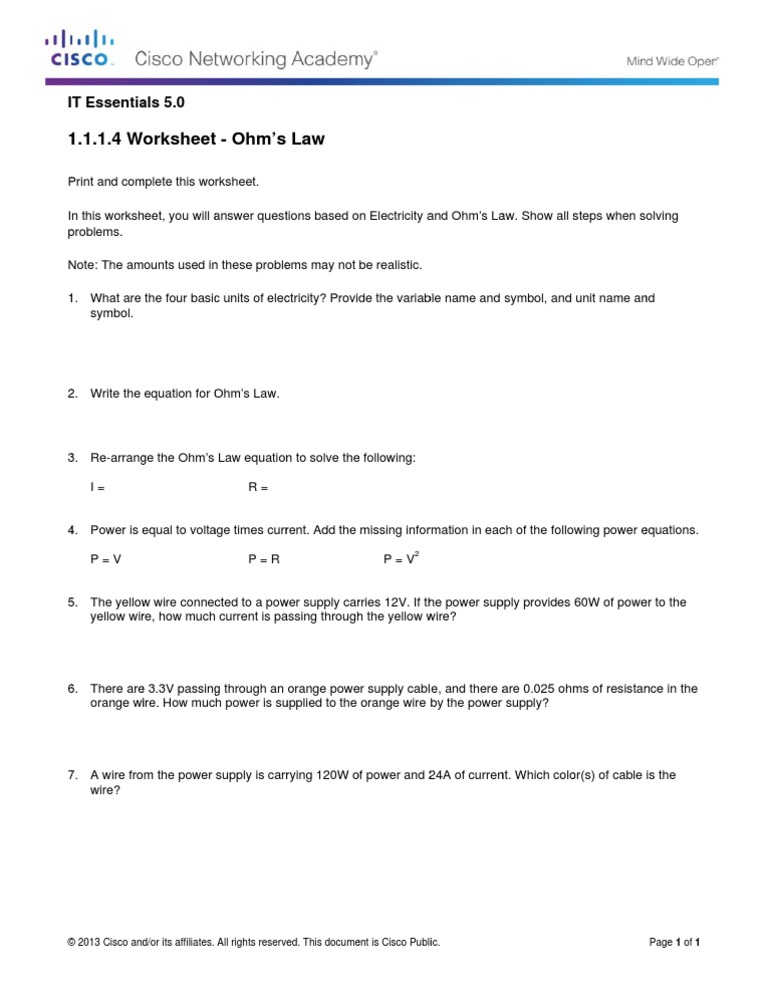 1.1.1.4 Worksheet - Ohms Law