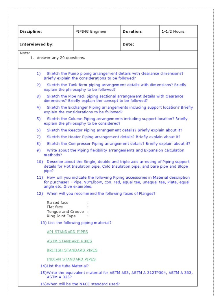 Piping Engineer Interview Questions (From 6 to 10 Year) Pipe (Fluid