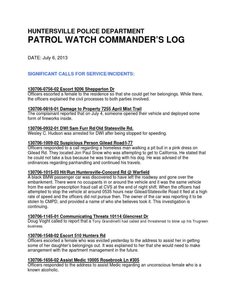 Huntersville Police Incident Log - July 2013 | PDF