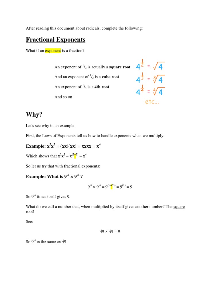 Radical Worksheet | Fraction (Mathematics) | Exponentiation