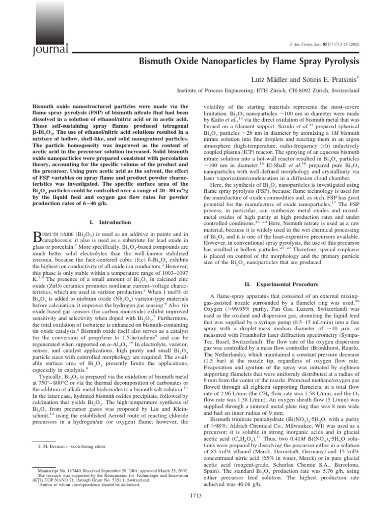 2002 Mädler Bismuth Oxide Nanoparticles by Flame Spray Pyrolysis | PDF ...