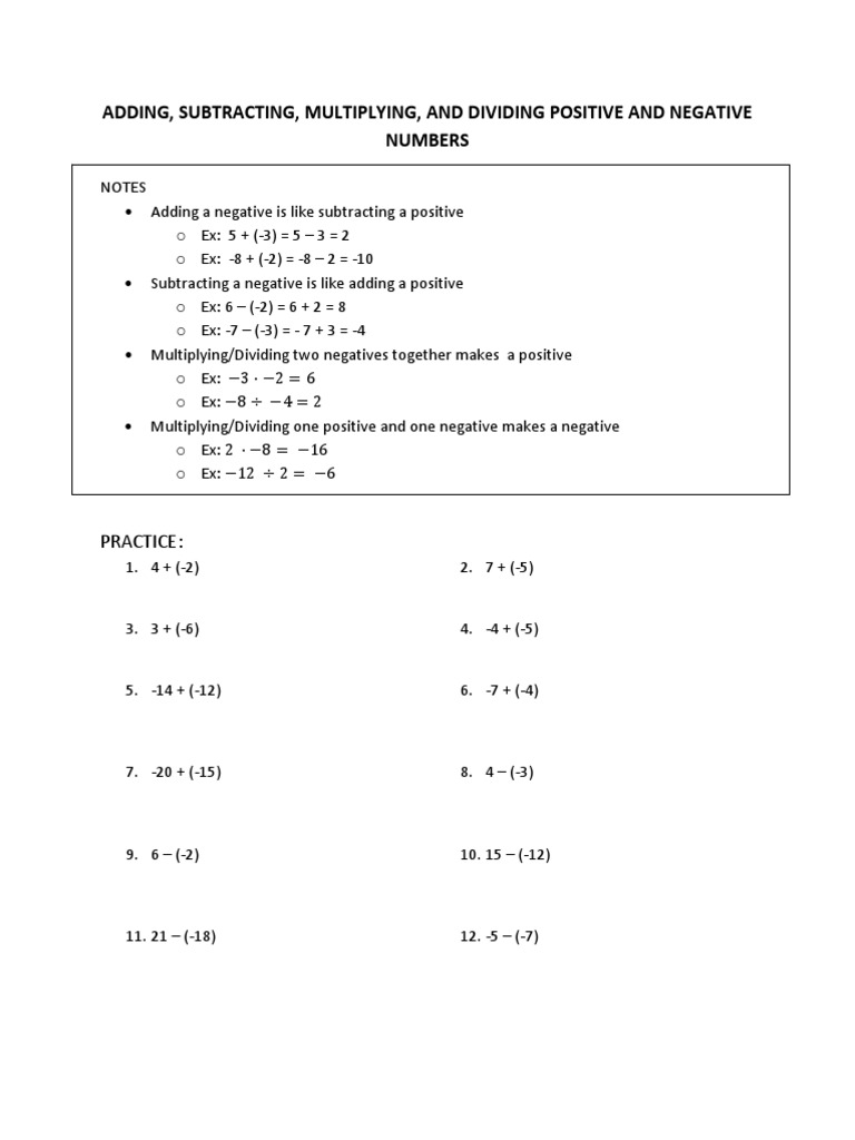 Adding, Subtracting, Multiplying and Dividing Negative Integers | PDF