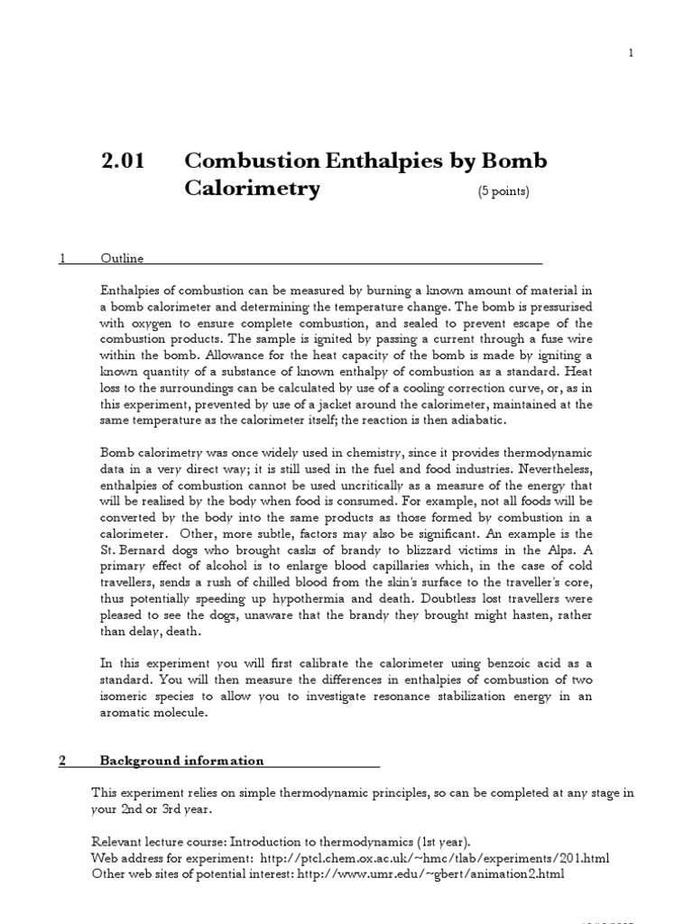 2.01 Combustion Enthalpies by Bomb Calorimetry 2 Background