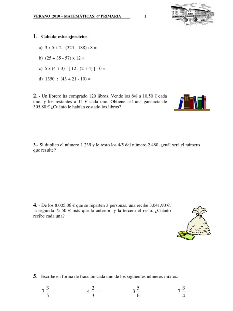 Ejercicios de Matemáticas 6º Primaria | PDF | Multiplicación | Fracción ...