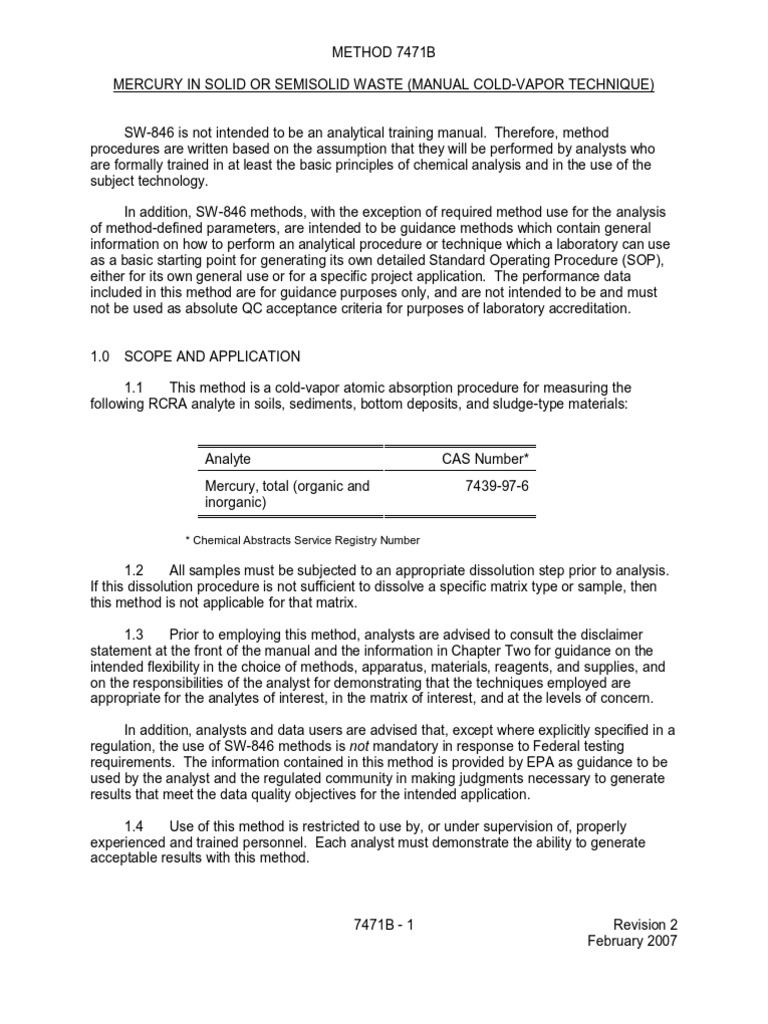 EPA Method 7471B: Mercury Analysis | PDF | United States Environmental ...