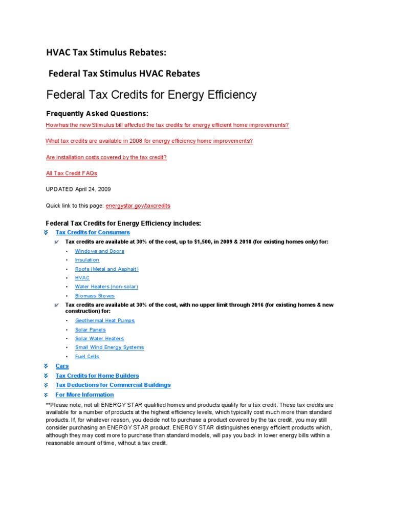 HVAC Tax Stimulus Rebates Hvac Efficient Energy Use