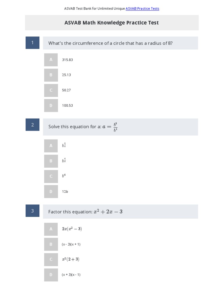 ASVAB Math Knowledge Practice Test 1