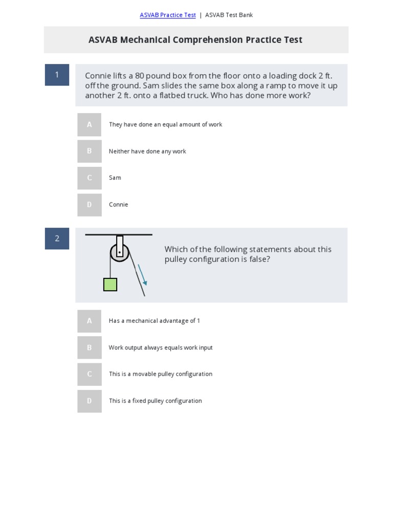 ASVAB Mechanical Comprehension Practice Test 3 PDF Lever Mechanics