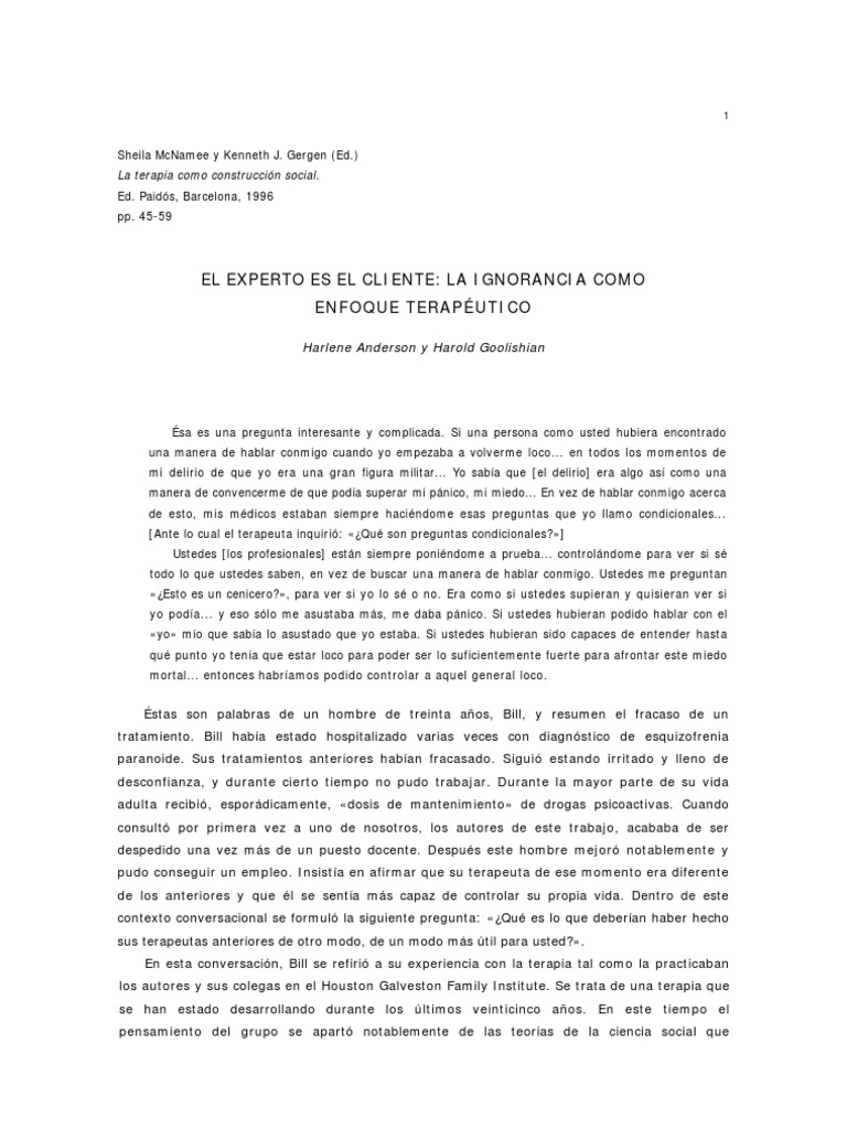 Anderson Harlene Goolishian Harold El Experto Es El Cliente PDF