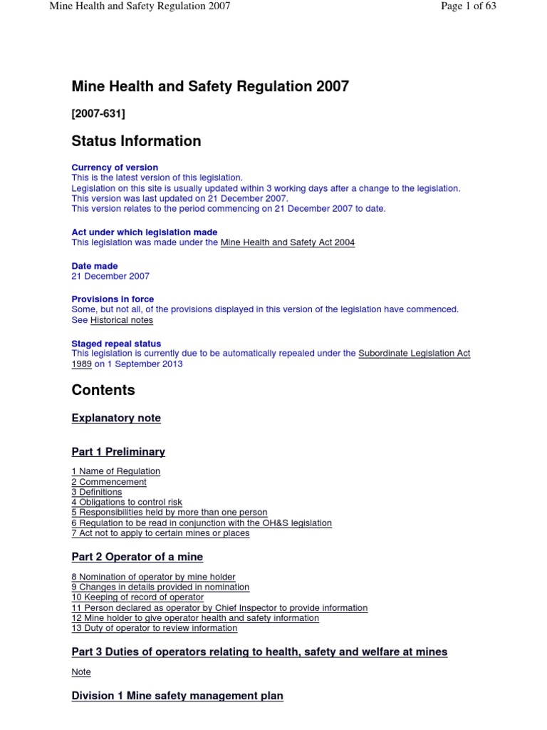 Mine Health and Safety Regulation 2007 PDF PDF