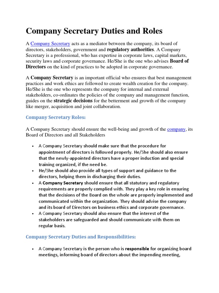 Company Secretary Duties And Roles | Pdf | Articles Of Association | Board  Of Directors