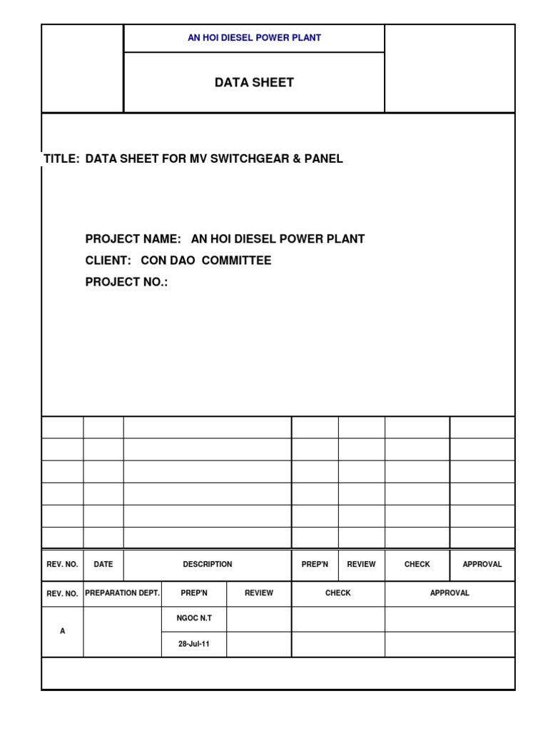 MV Switchgear Data Sheet for Power Plant | PDF