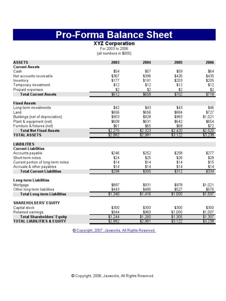 ProForma Balance Sheet Balance Sheet Microsoft Excel