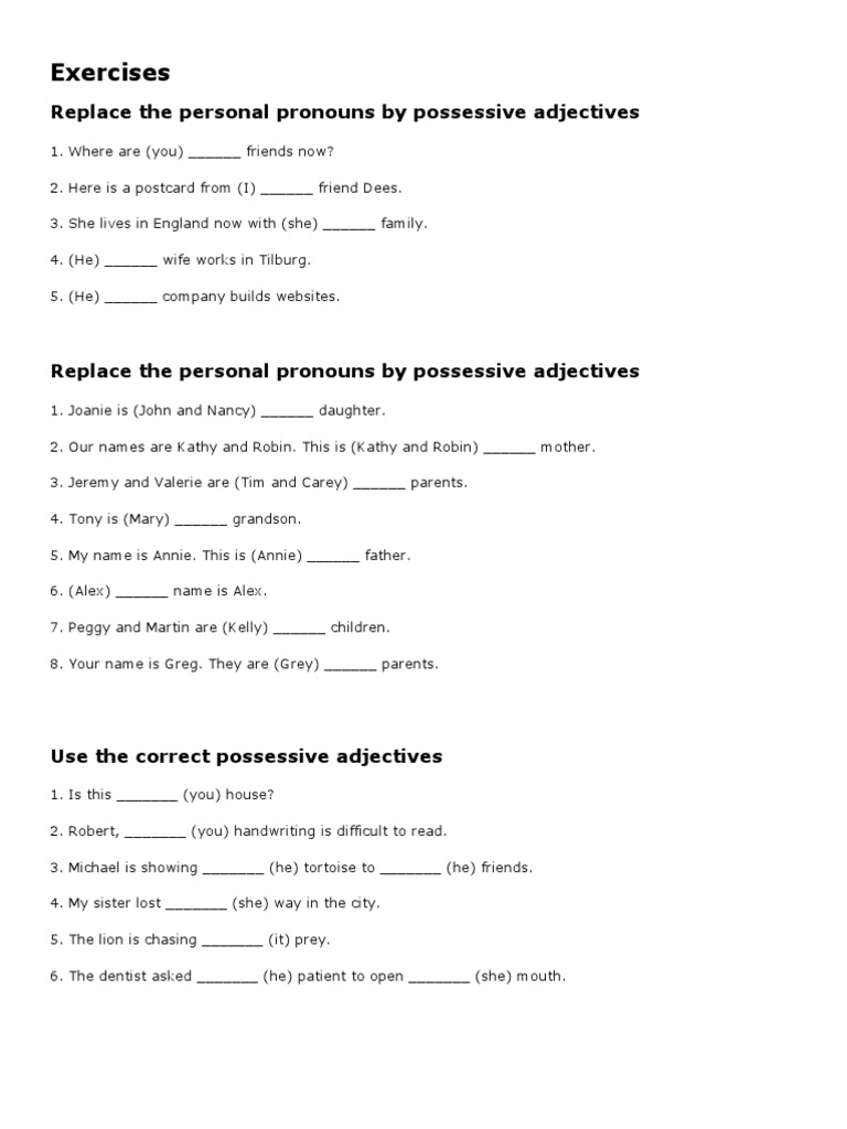 Exercises Possessive Adjectives | PDF | Grammar | Linguistic Morphology