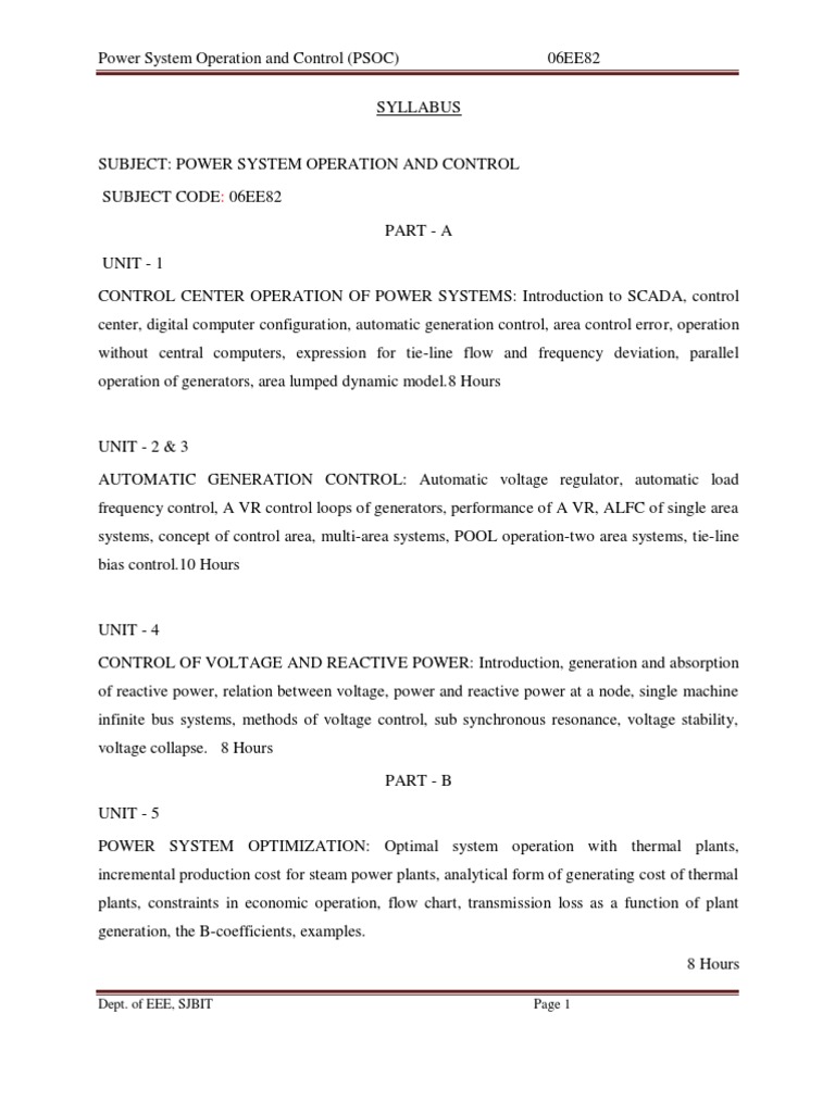 Power System Operation & Control Syllabus | PDF | Scada | Electric ...