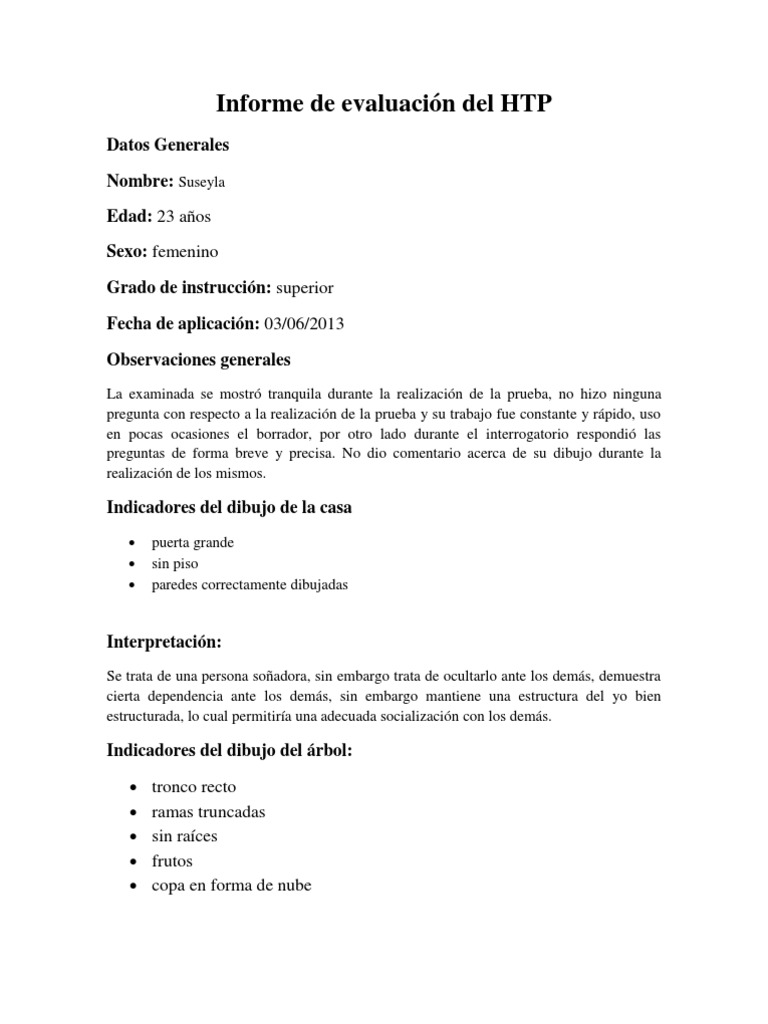 Informe de Evaluación Test HTP | PDF | Dibujo | Socialización