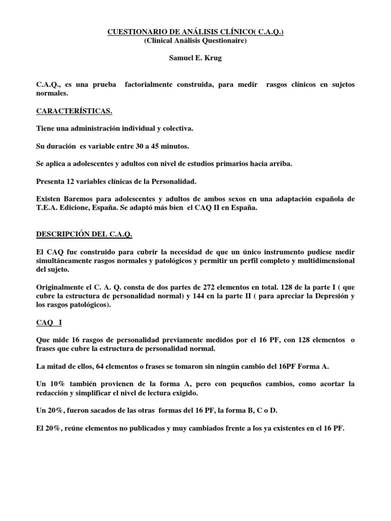 Cuestionario de Análisis Clínico (C.A.Q.) | PDF | Depresión (estado de ...