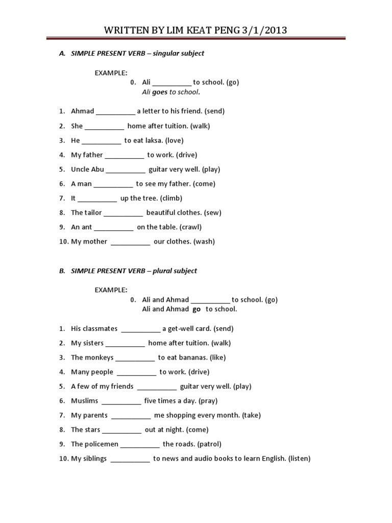 Simple Present Verb Exercise Pdf Ali Onomastics