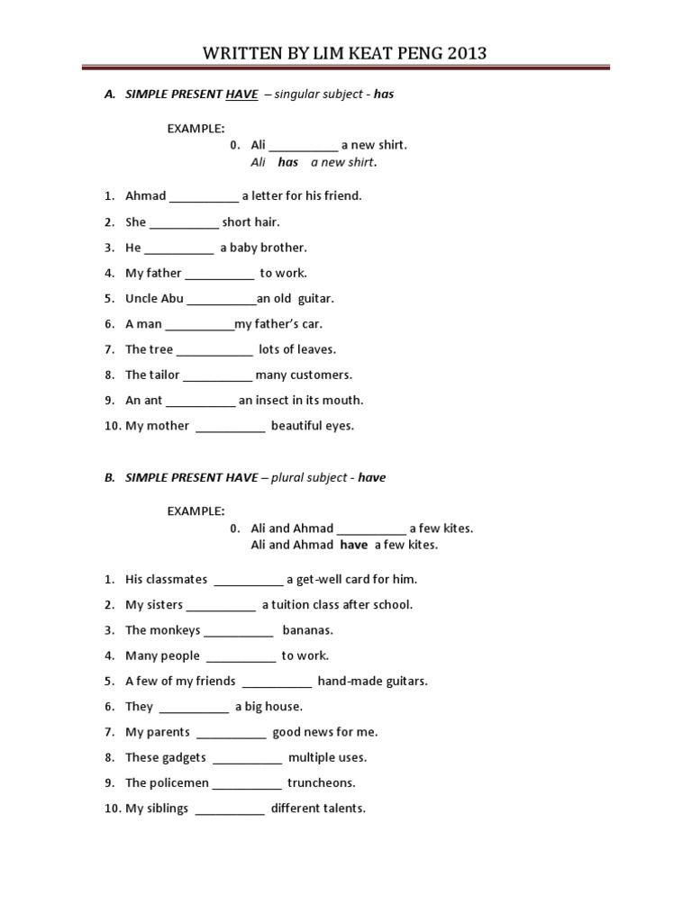 Have, Has, and Had Exercises | PDF | Language Arts & Discipline | Home ...
