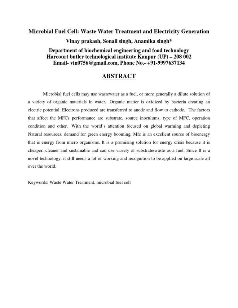 Microbial Fuel Cell: Waste Water Treatment and Electricity Generation | PDF