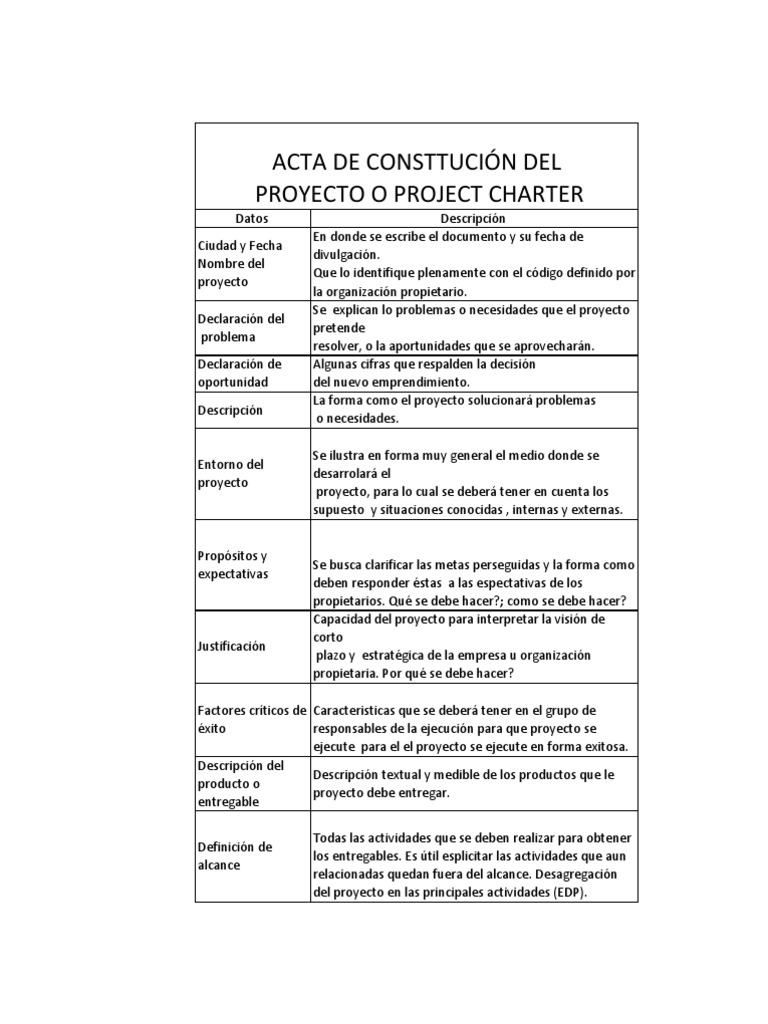 Acta de Constitución Del Proyecto o Project Charter | PDF | Presupuesto ...