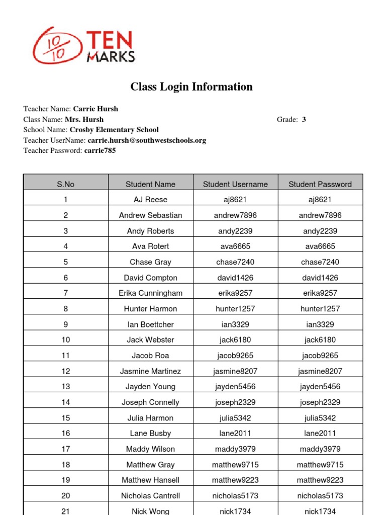 Classroom Roster PDF Login Curriculum