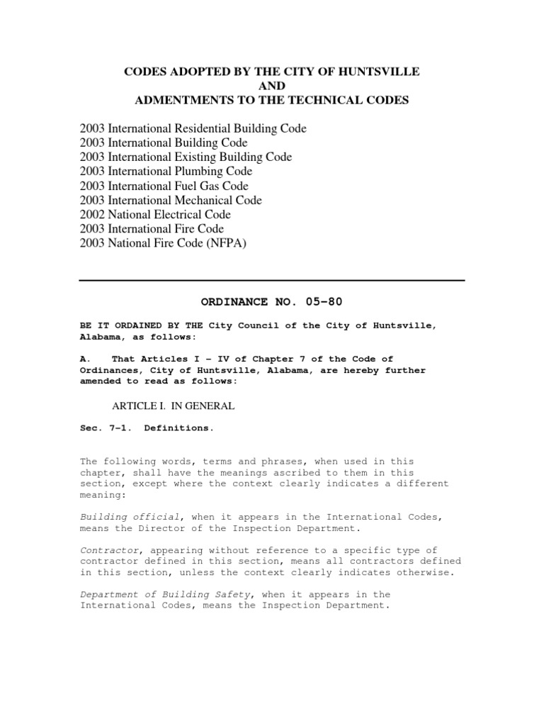 Codes Adopted by City of Huntsville and Admendments PDF Building Code License