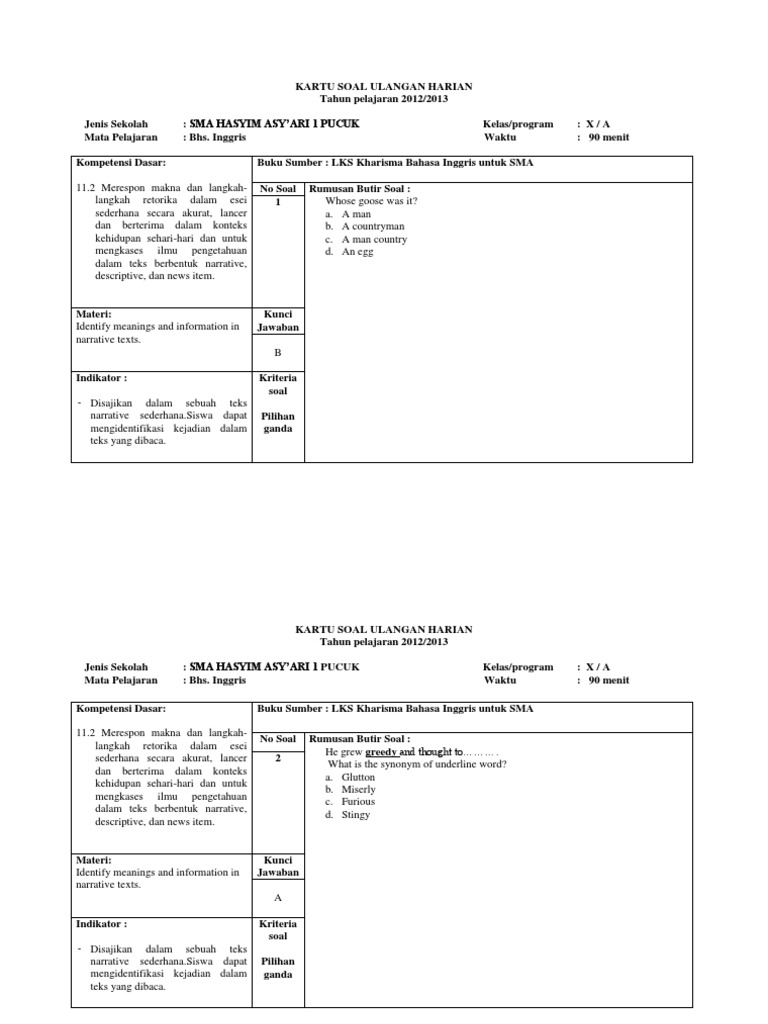 Kartu Soal Ulangan Harian