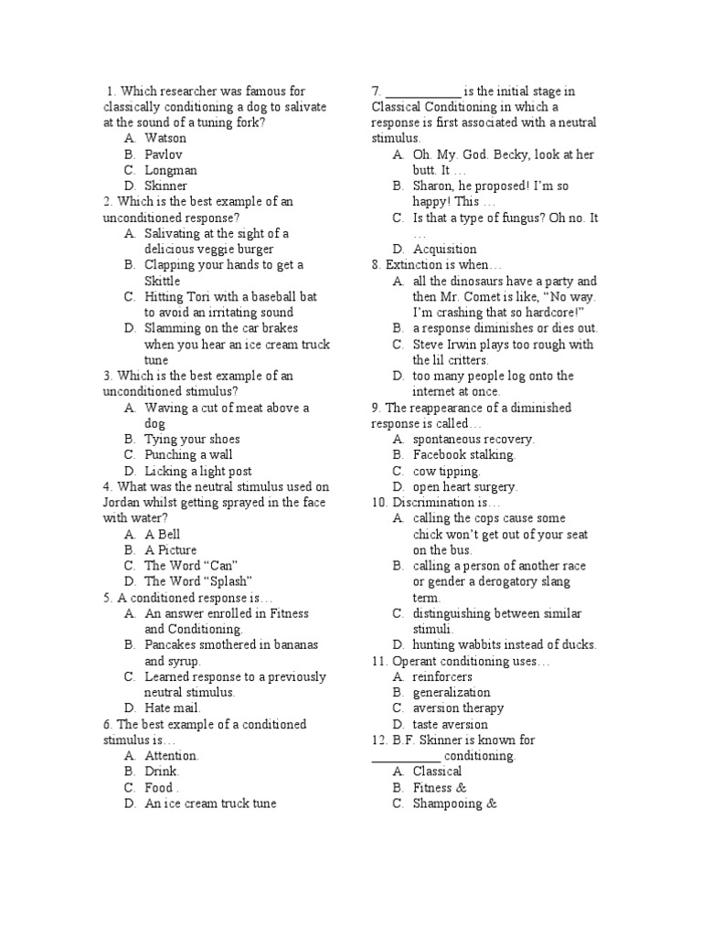 Psychology Quiz PDF Reinforcement Classical Conditioning