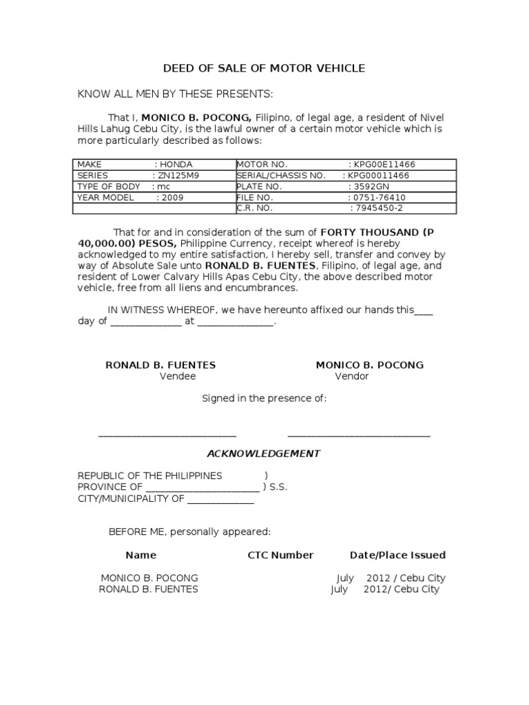 Deed of absolute sale of motor vehicle sample templates sample printables