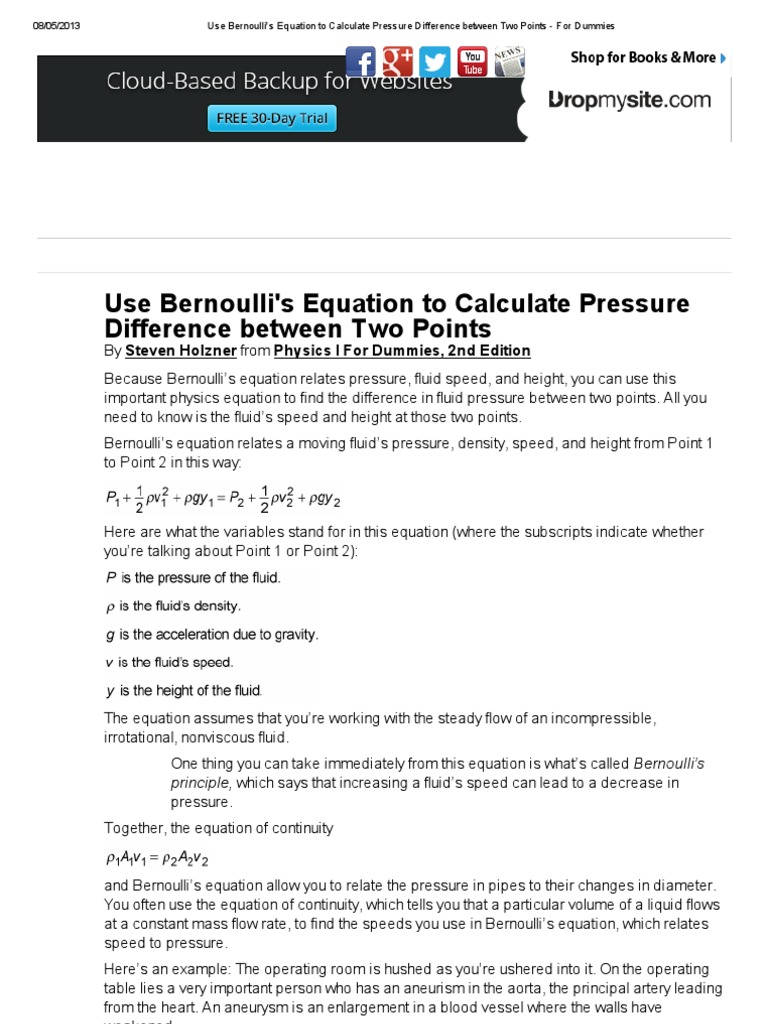 Use Bernoulli's Equation To Calculate Pressure Difference Between Two
