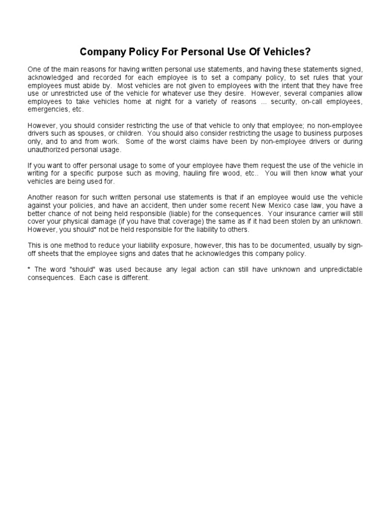 Company policy for personal use of vehicles pdf private law