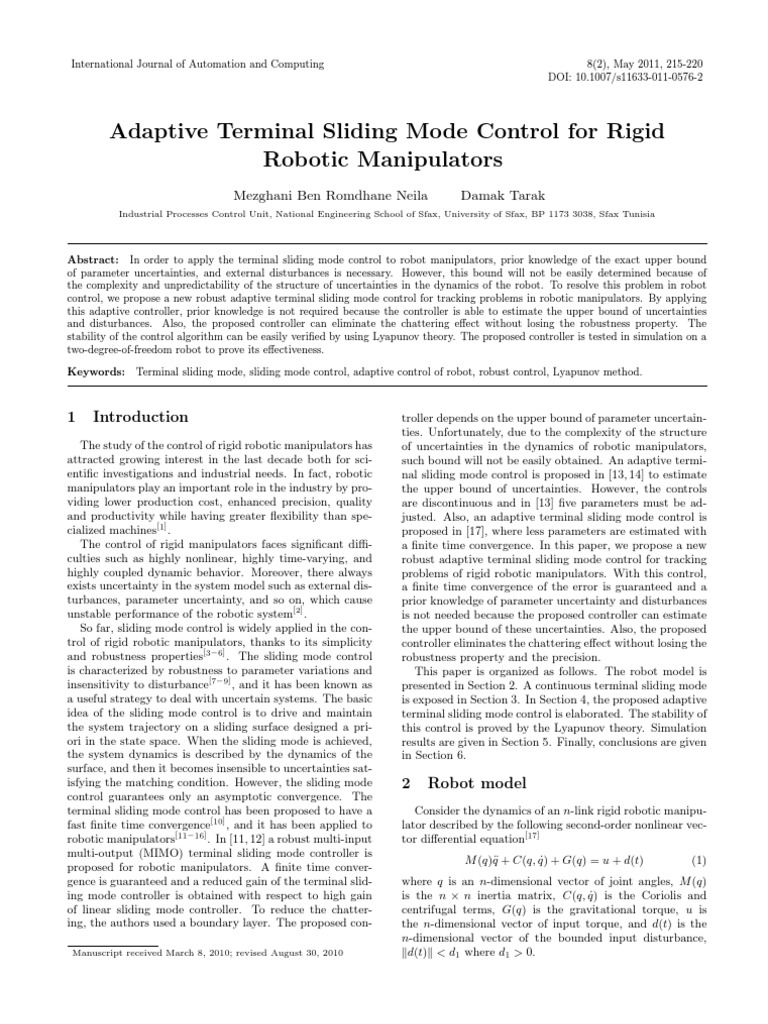 Adaptive Terminal Sliding Mode Control For Rigid Robotic Manipulators ...