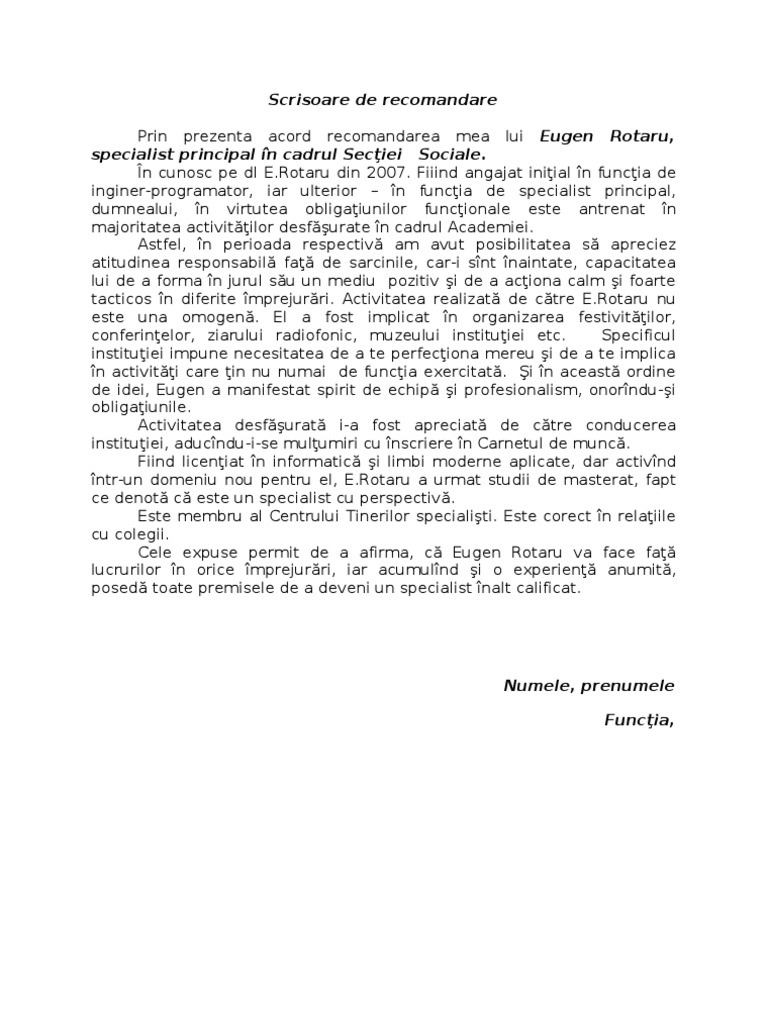 Model de Scrisoare de Recomandare