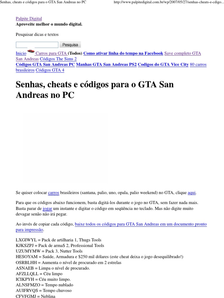 Senhas, Cheats e Códigos para o GTA San Andreas No PC PDF, PDF, Tráfego