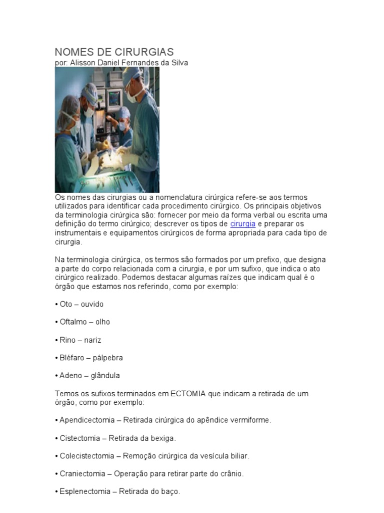 Nomes de Cirurgias | PDF | Cirurgia | Procedimentos médicos